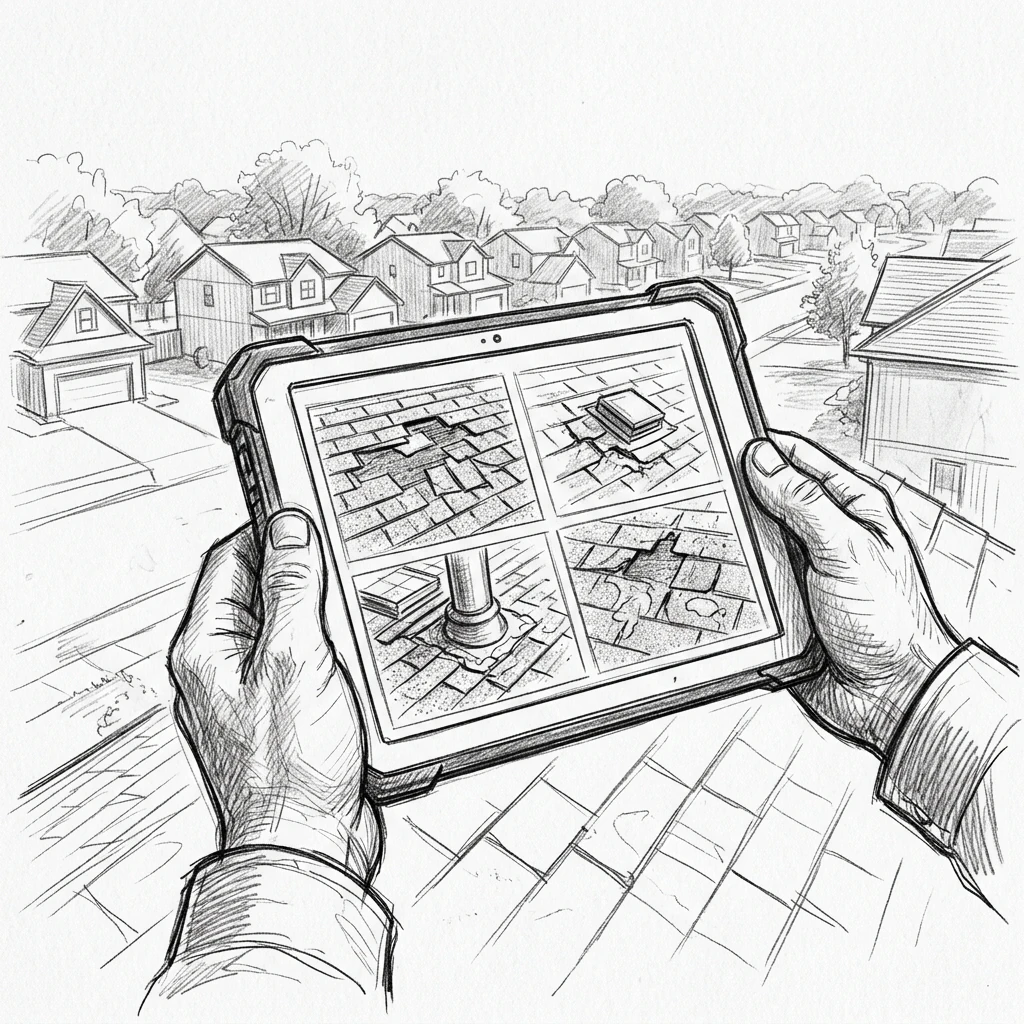 Tablet showing roof damage photos and construction documentation
