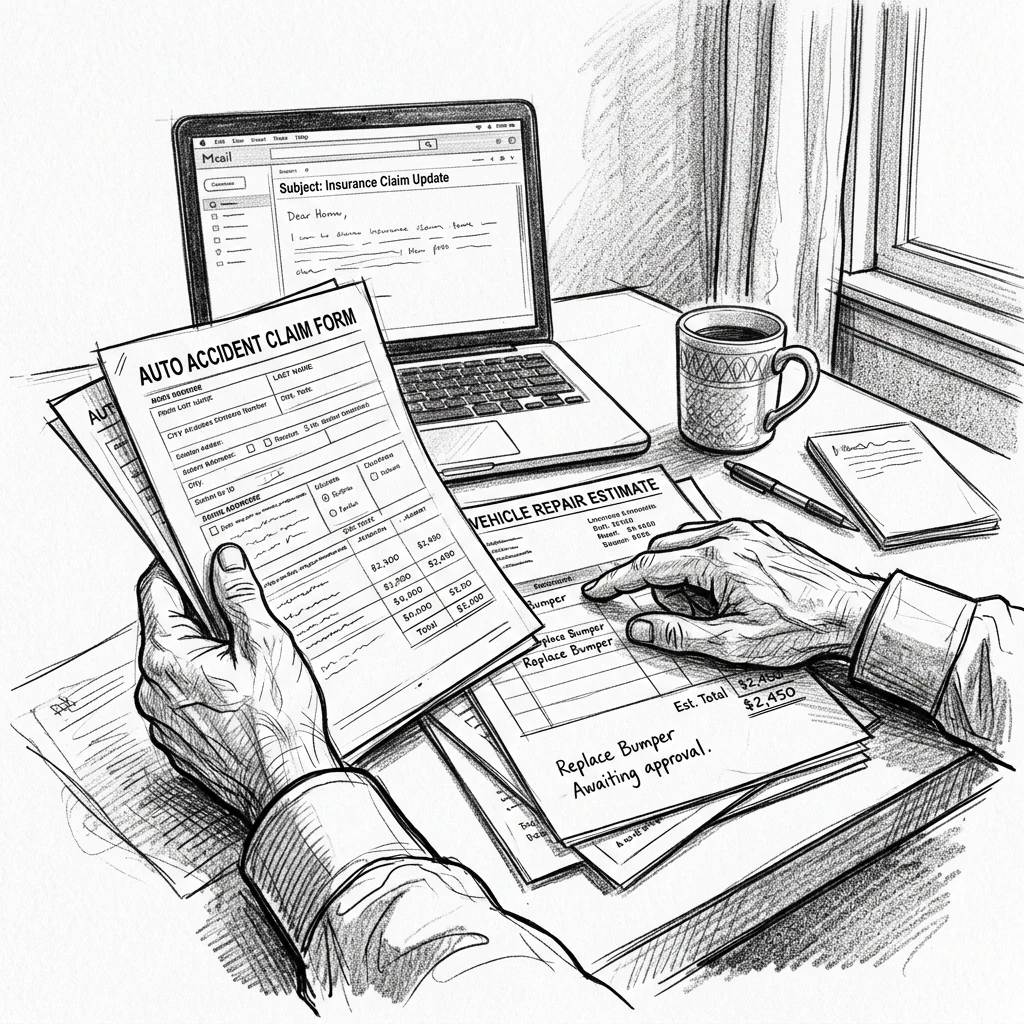 Insurance claim paperwork and roof estimate review on a kitchen table