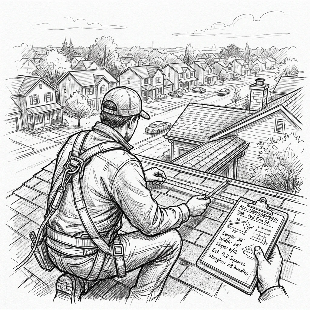 Over-the-shoulder view of a roofing contractor on a residential roof using a measuring tool, with a clipboard of calculations visible in their other hand, suburban neighborhood stretching out behind them in soft afternoon light