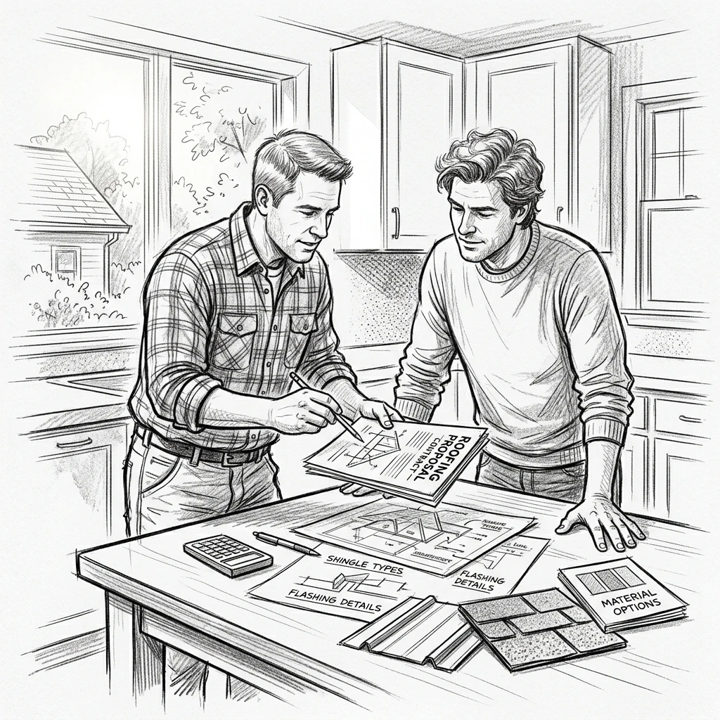 Homeowner and contractor standing at a kitchen table reviewing a detailed roofing proposal side by side, natural light from a nearby window, calculator and material samples visible on the table surface