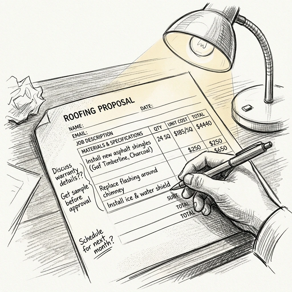 Close-up of a detailed roofing proposal document on a desk, line items visible with costs and material specifications, a homeowner's hand holding a pen making notes in the margin, warm desk lamp lighting