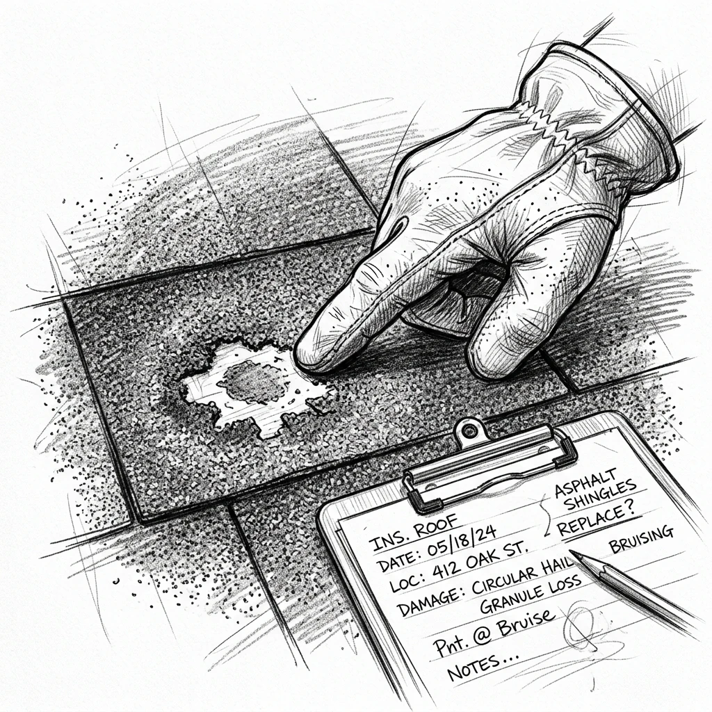 Close-up roof inspection documentation for estimate line items