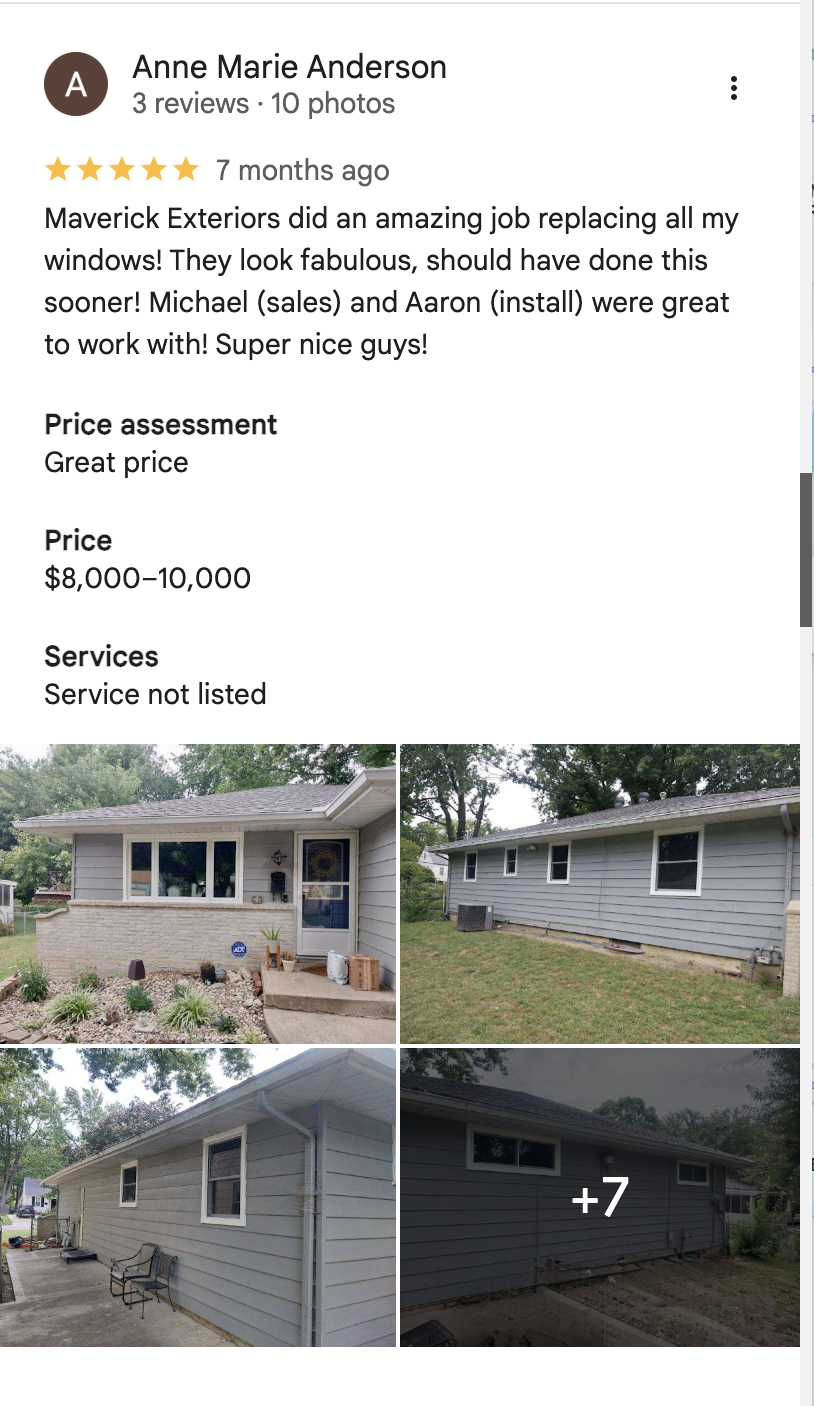 Google review from Anne Marie Anderson — 5 stars, with project photos